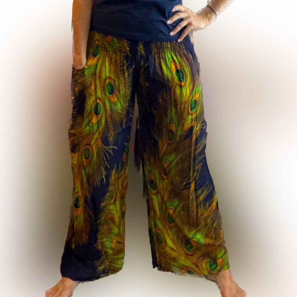 Three cranes peacock feather palazzo pants, elastic waist, flare, leg, pocket S